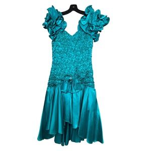 Vtg 80s ZumZum Turquoise Satin Taffeta Ruched Sequin Mid Length Tulle Prom Dress